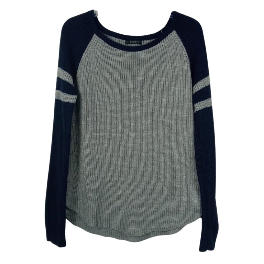 Shein Grey and Blue Raglan Long Sleeve Sweater